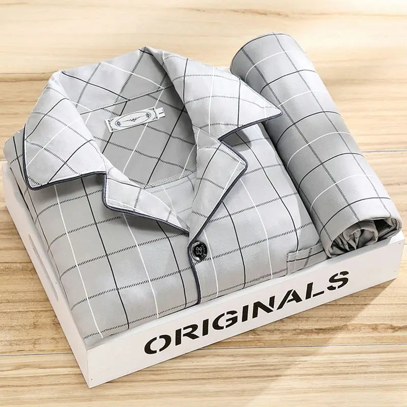 SUENTA Herren Gestreiftes Pyjama-Set Langarm Hose Streifen-Look Eisengrau
