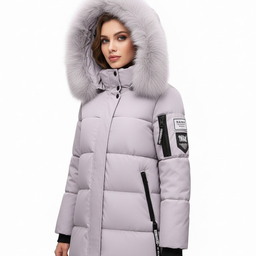 SUENTA Damen Kapuzen-Daunenjacke Abnehmbarem Pelzkragen Polyester Baumwolle