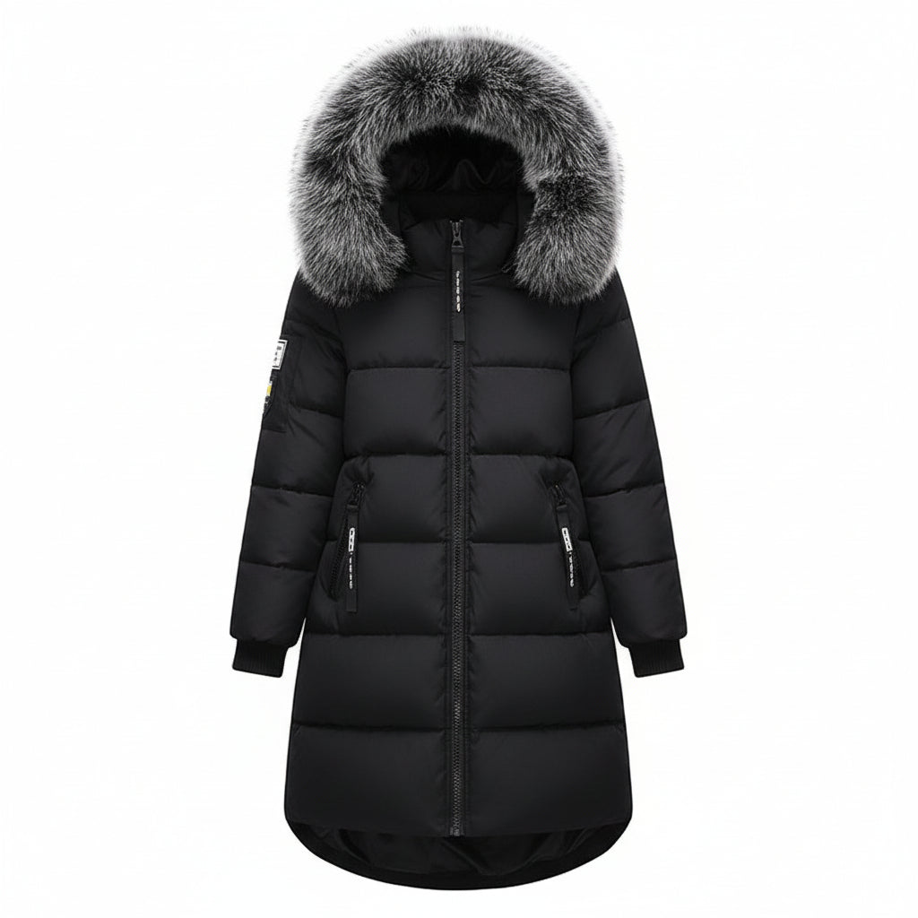 SUENTA Damen Kapuzen-Daunenjacke Abnehmbarem Pelzkragen Polyester Baumwolle Schwarz