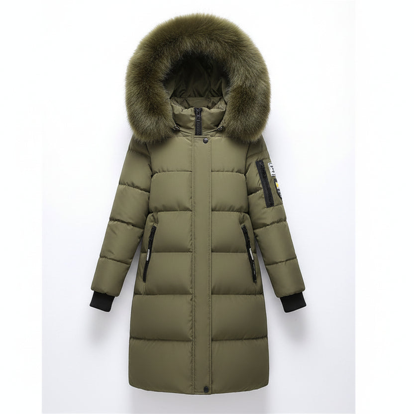 SUENTA Damen Kapuzen-Daunenjacke Abnehmbarem Pelzkragen Polyester Baumwolle Grün