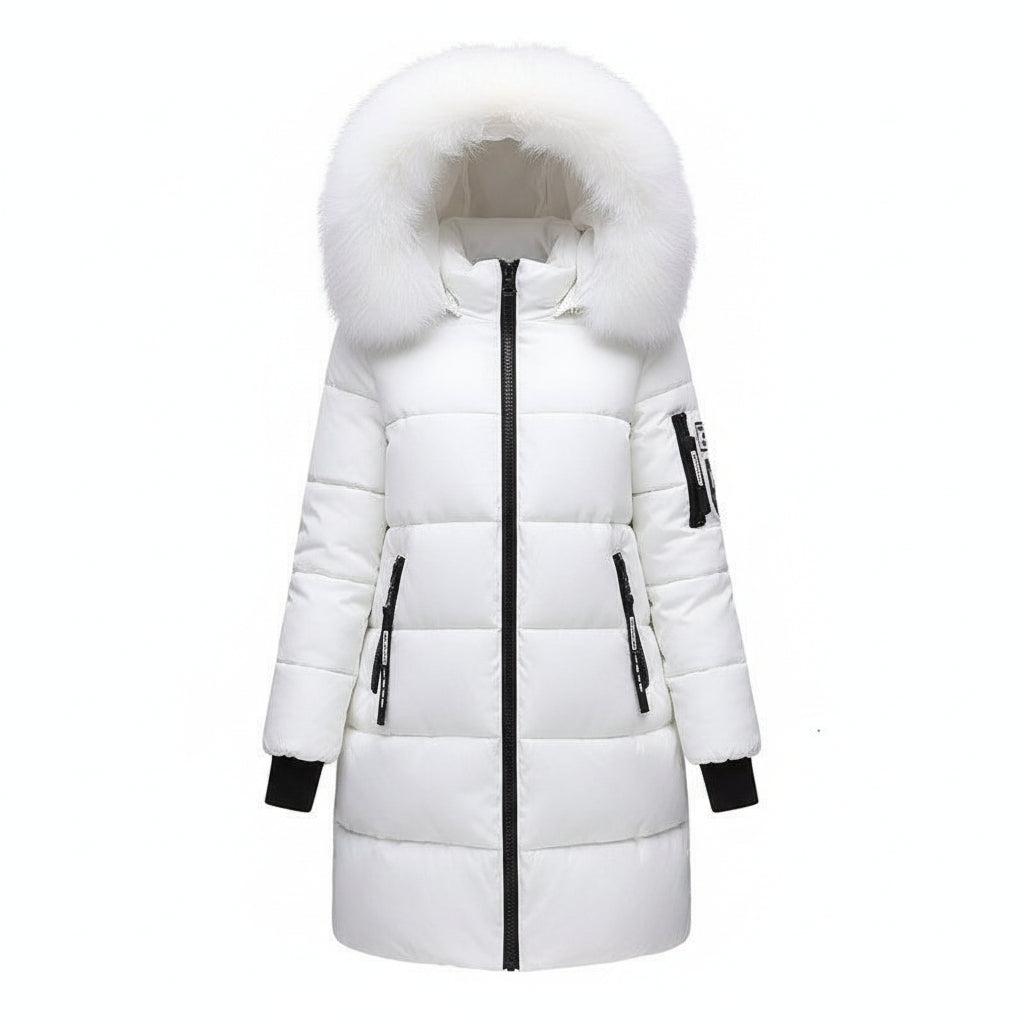 SUENTA Damen Kapuzen-Daunenjacke Abnehmbarem Pelzkragen Polyester Baumwolle Weiß
