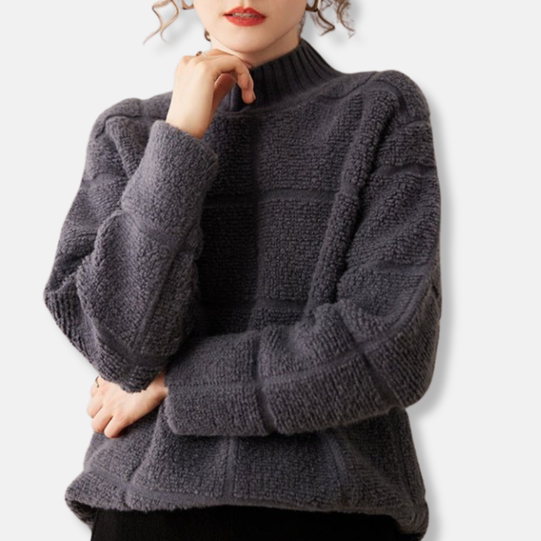 SUENTA Damen Karo-Rollkragenpullover mit Rippstrick Strukturierter Lockere Passform