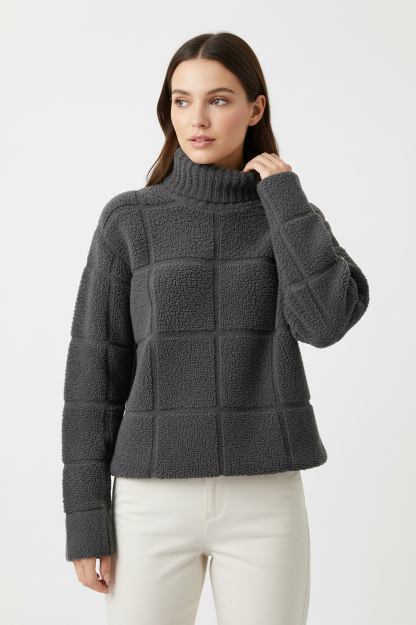 SUENTA Damen Karo-Rollkragenpullover mit Rippstrick Strukturierter Lockere Passform