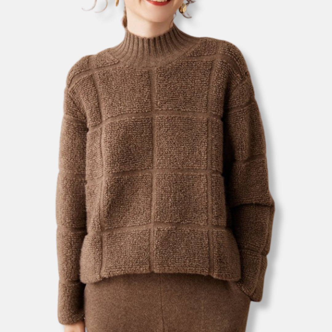 SUENTA Damen Karo-Rollkragenpullover mit Rippstrick Strukturierter Lockere Passform