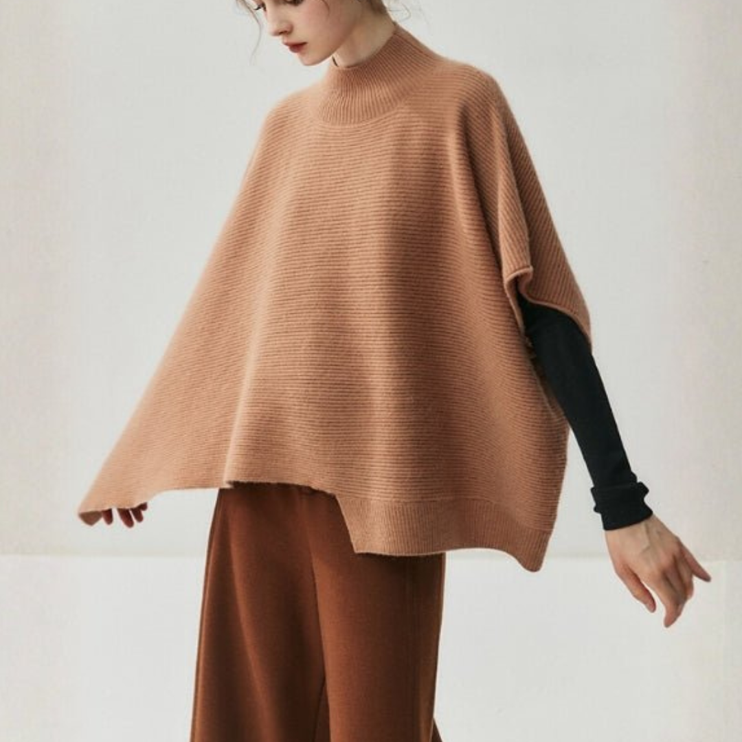 SUENTA Damen Poncho Mit Lockerer Passform Gerippter Strickponcho Asymmetrischem Saum Braun