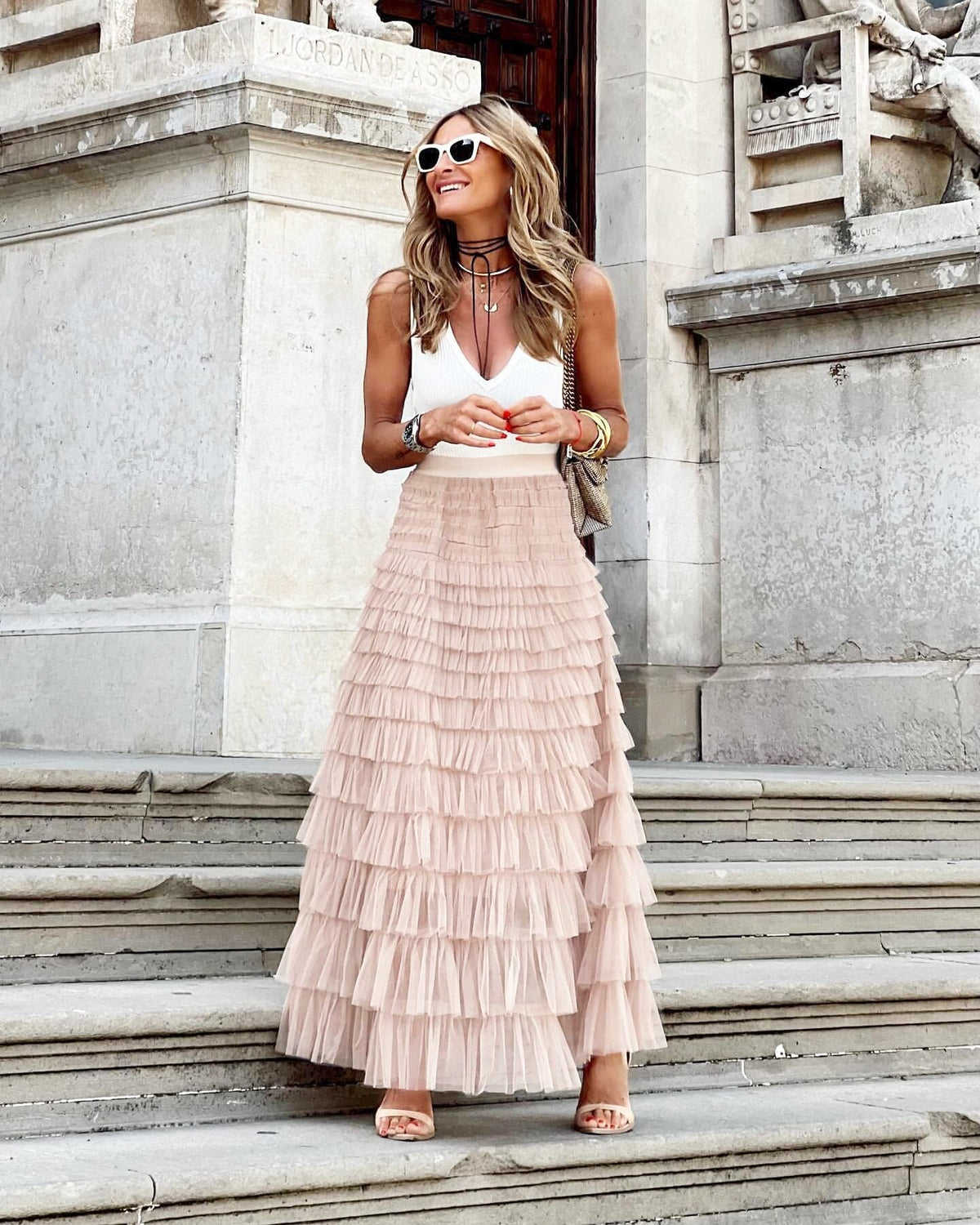 SUENTA Sephira | Gestufter Tüll-Maxirock für Damen – Eleganter Etagen-Look & luftiger Stil rosa