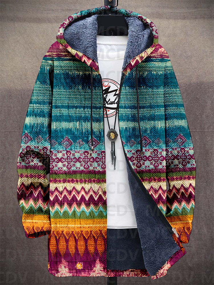 SUENTA Bersh | Kunstvolle Strickjacke mit Kapuze Petrol- & Magenta-Muster