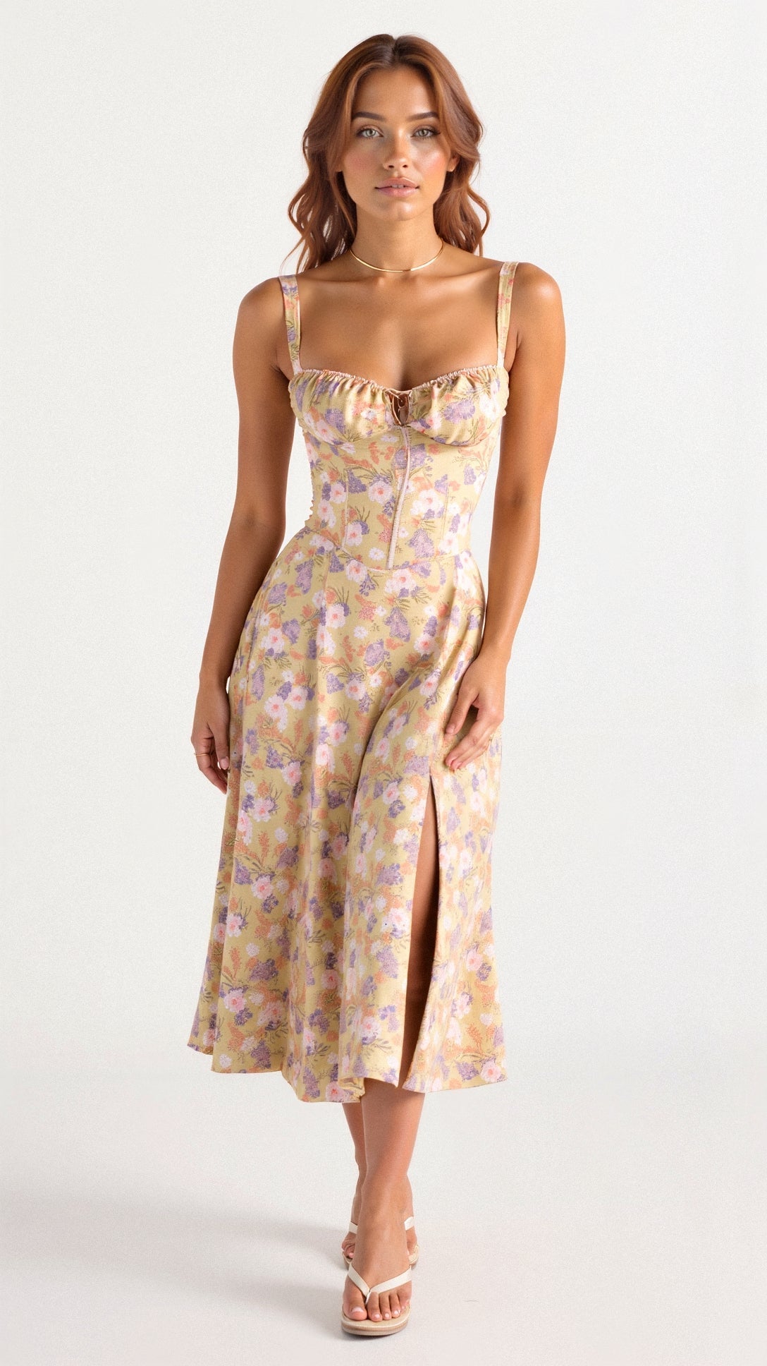 SUENTA Luna | Damen Midikleid – Korsett-Oberteil & Fliessernder Rock Gelb