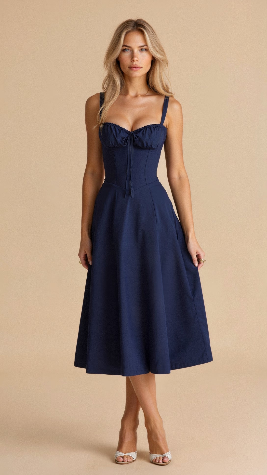 SUENTA Luna | Damen Midikleid – Korsett-Oberteil & Fliessernder Rock Marineblau