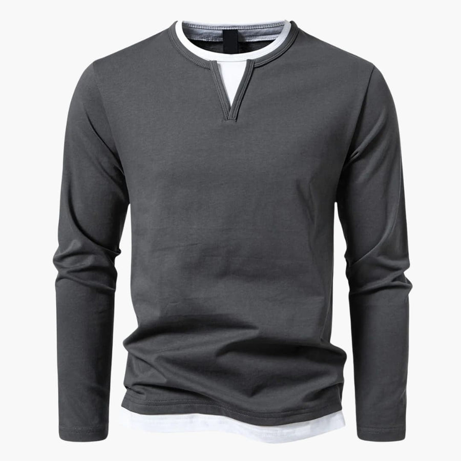 SUENTA Herren Langarm-Hemd Lagen-Look – Kontrast-Saum & Layering-Stil Grau