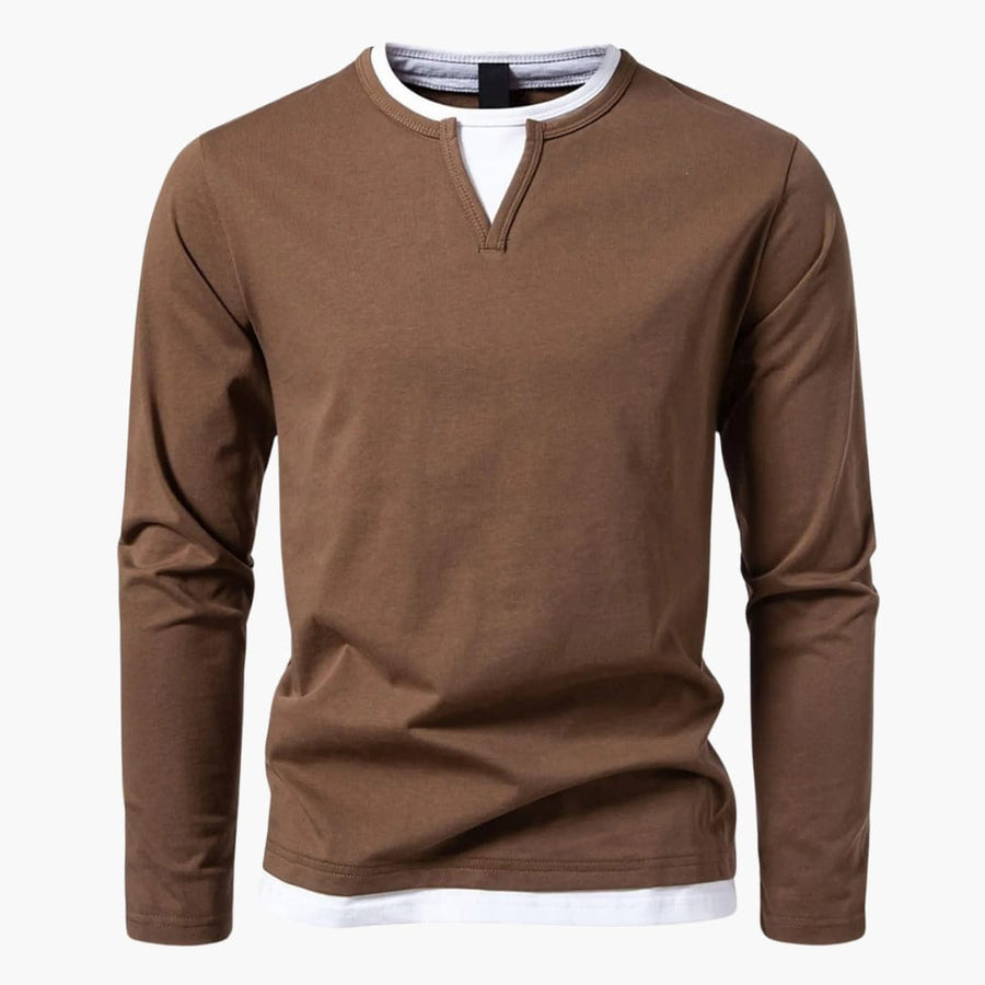 SUENTA Herren Langarm-Hemd Lagen-Look – Kontrast-Saum & Layering-Stil Braun