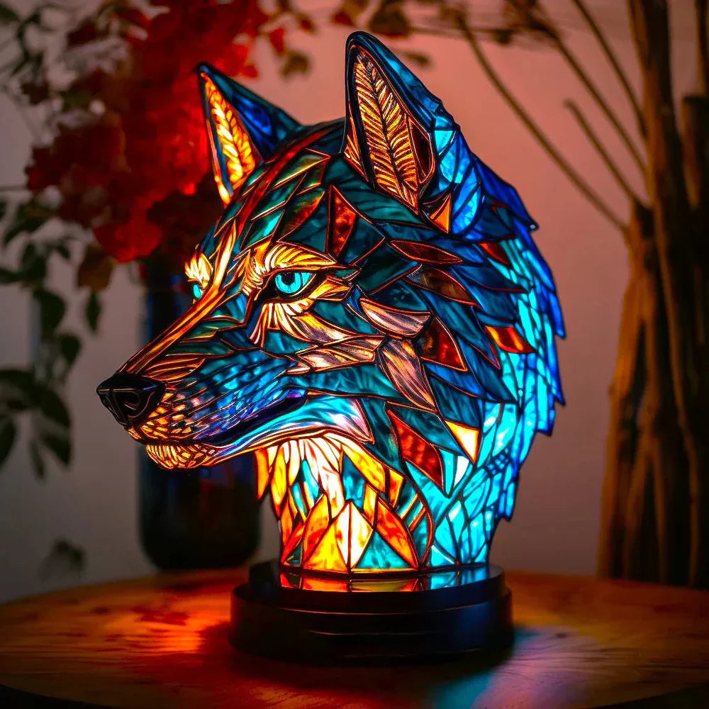 SUENTA Kunstleuchte Interieur Kunstwerk Buntglasstil 20 Tiermotiven Wolf