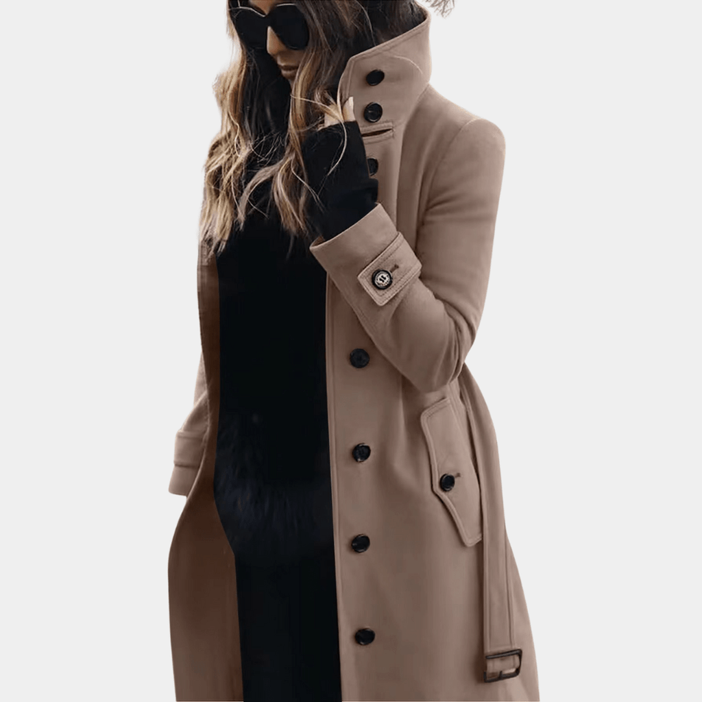 SUENTA Bersh | Langer Wintermantel Damen | Übergangsmantel Damen | Verstellbare Taille & Sturmklappe für Schlanke Linie Khaki