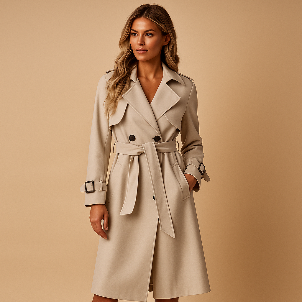 SUENTA Frauen Langen Wintermantel Doppelreihige Knopfleiste Strukturierte Silhouette Beige