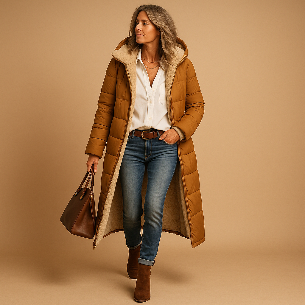SUENTA Damen Langer Wattierter Damenmantel Steppdesign Winterwärme Kaffee