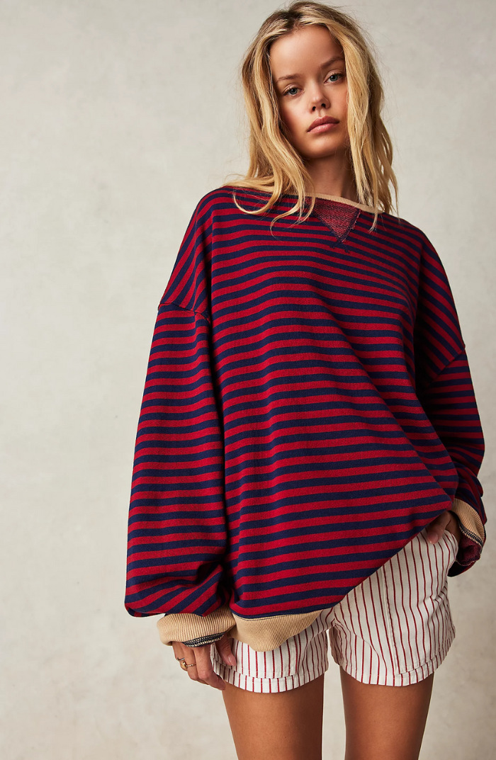 SUENTA Damen Lässiges Gestreiftes Damen-Sweatshirt Mit Kontrastierenden Akzenten Schwarz & Rot