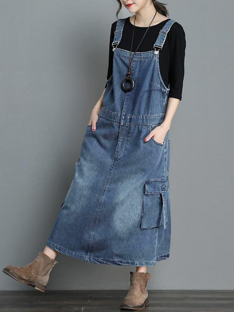 SUENTA Damen Jeans-Overallkleid Locker Geschnittenes Denim Vintage-Charme