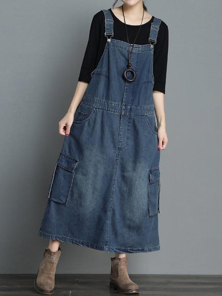 SUENTA Damen Jeans-Overallkleid Locker Geschnittenes Denim Vintage-Charme