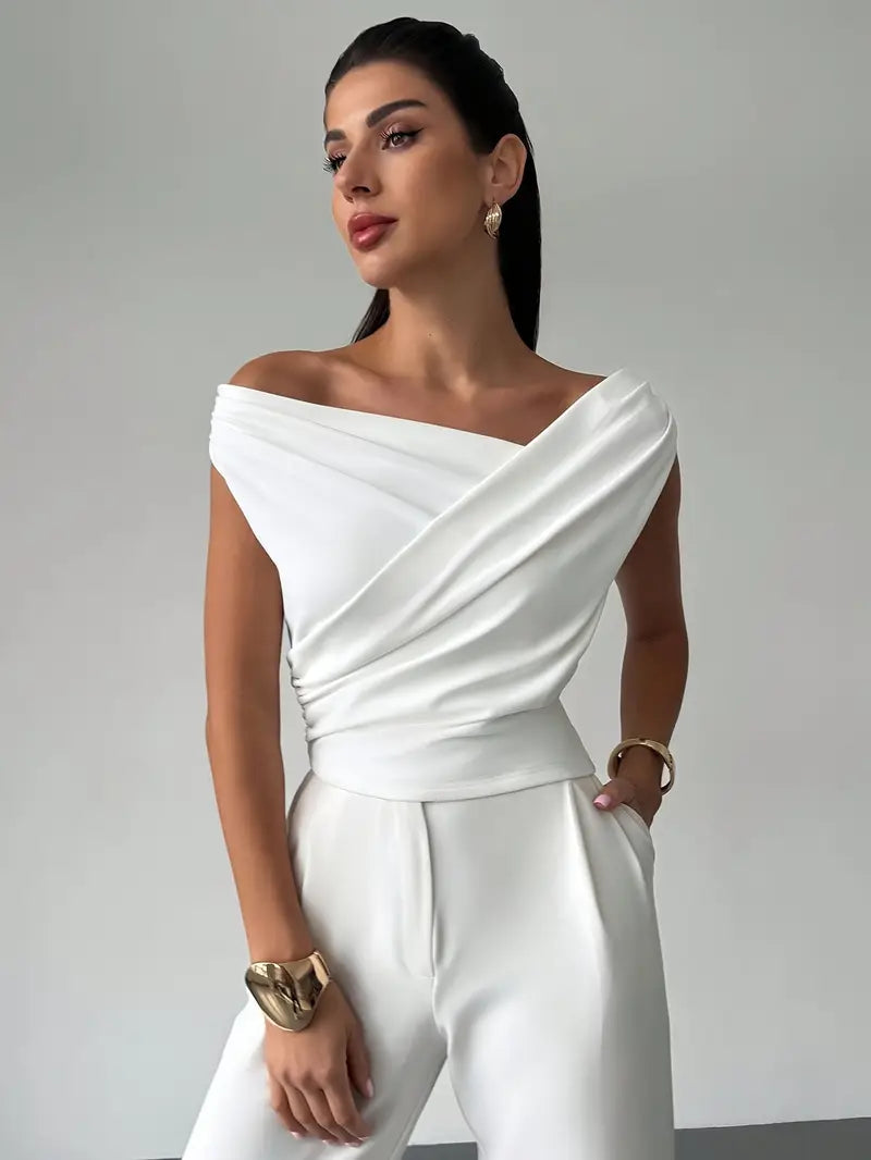 SUENTA Damen Rundhals-Top Kreuzdetail – Elegante Faltenlegung Weiß