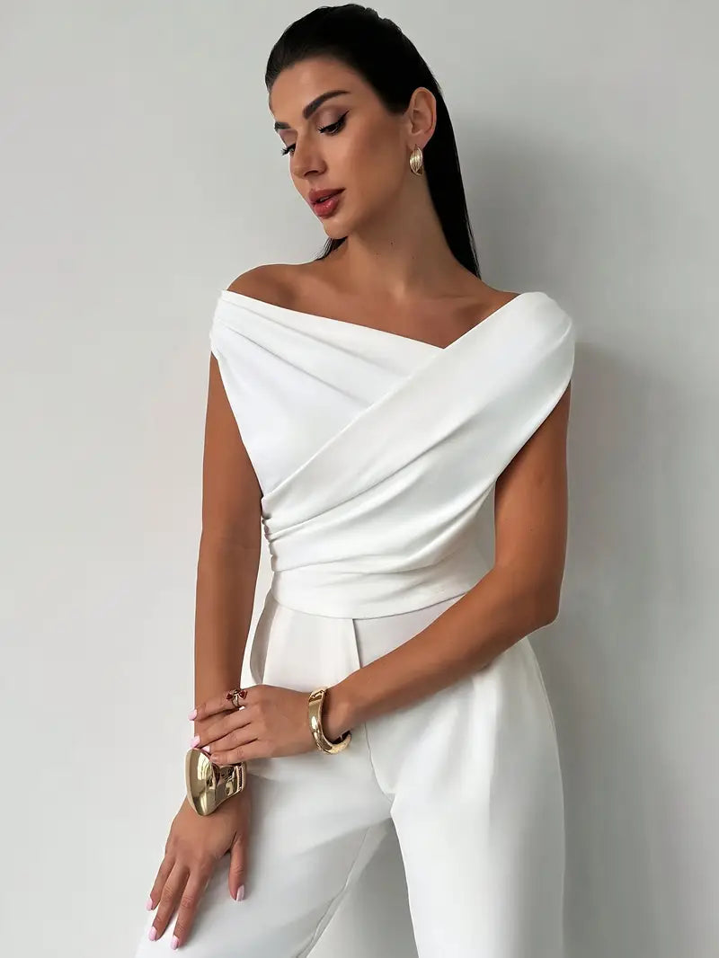 SUENTA Damen Rundhals-Top Kreuzdetail – Elegante Faltenlegung
