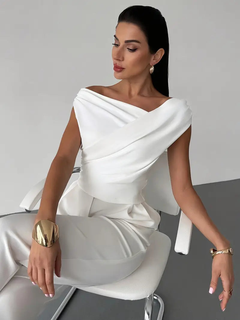 SUENTA Damen Rundhals-Top Kreuzdetail – Elegante Faltenlegung