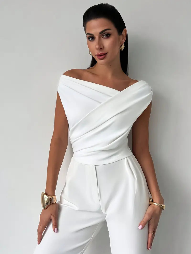 SUENTA Damen Rundhals-Top Kreuzdetail – Elegante Faltenlegung