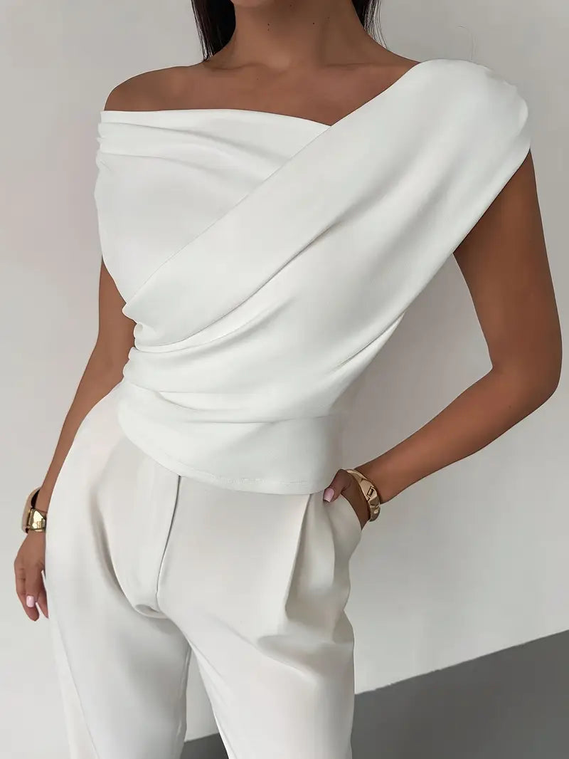 SUENTA Damen Rundhals-Top Kreuzdetail – Elegante Faltenlegung