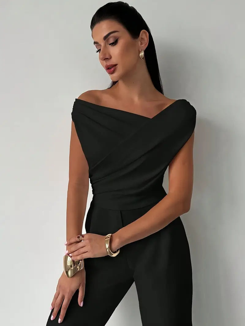 SUENTA Damen Rundhals-Top Kreuzdetail – Elegante Faltenlegung