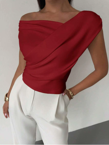 SUENTA Damen Rundhals-Top Kreuzdetail – Elegante Faltenlegung Rot