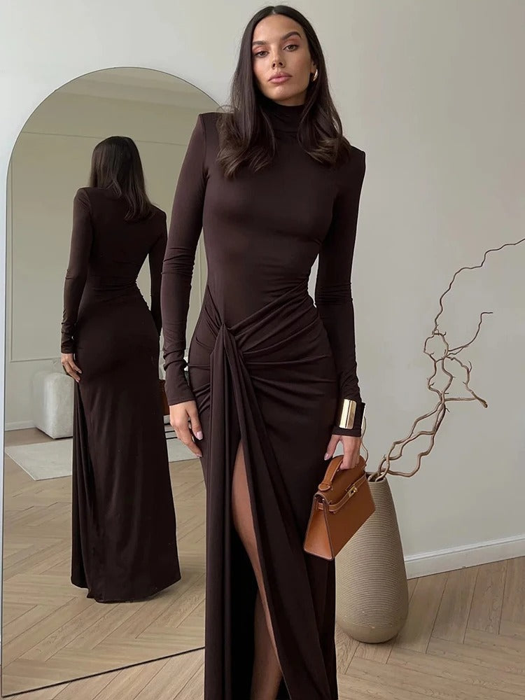SUENTA Maxikleid Elegantes Gerafftes Figurbetonten Ausschnitt Drapierungen Braun