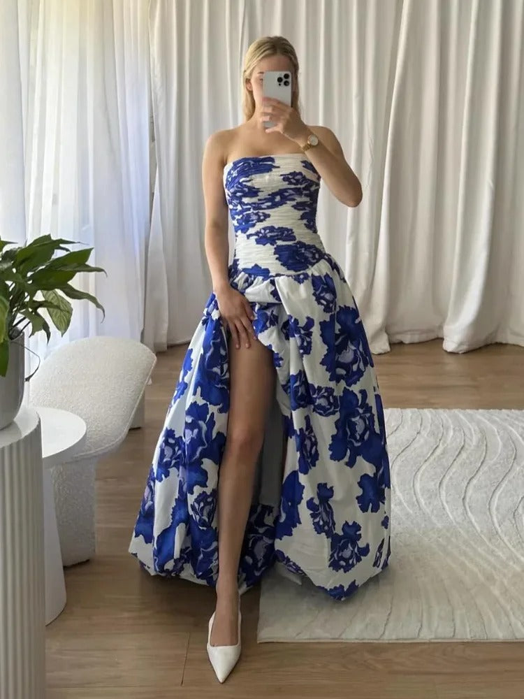 SUENTA Damen Blumen-Maxikleid Trägerlos – Ausdrucksstarkes Muster
