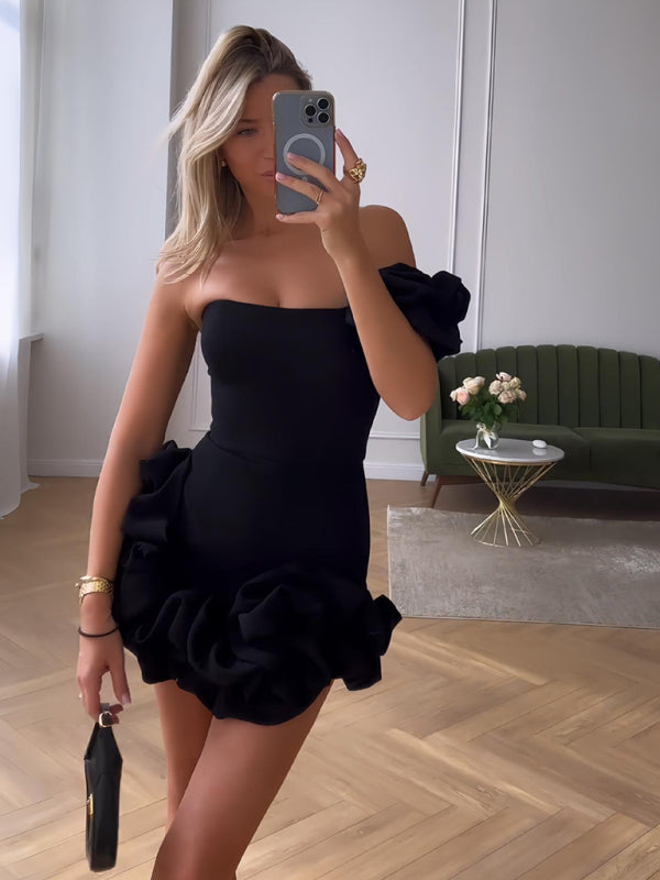 SUENTA Lagen-Minikleid Minikleid Mit Zarten Rüschen Und Schmeichelhaften Silhouette Schwarz