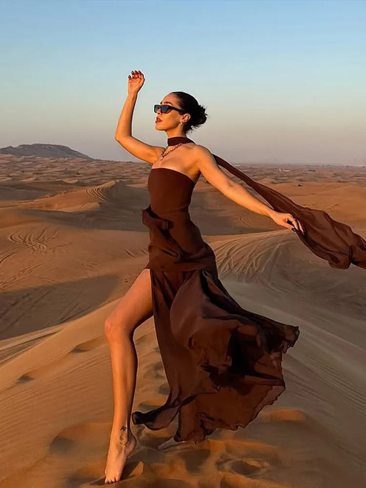 SUENTA Damen Maxikleid Hoher Ausschnitt – Transparenter Überwurf Braun