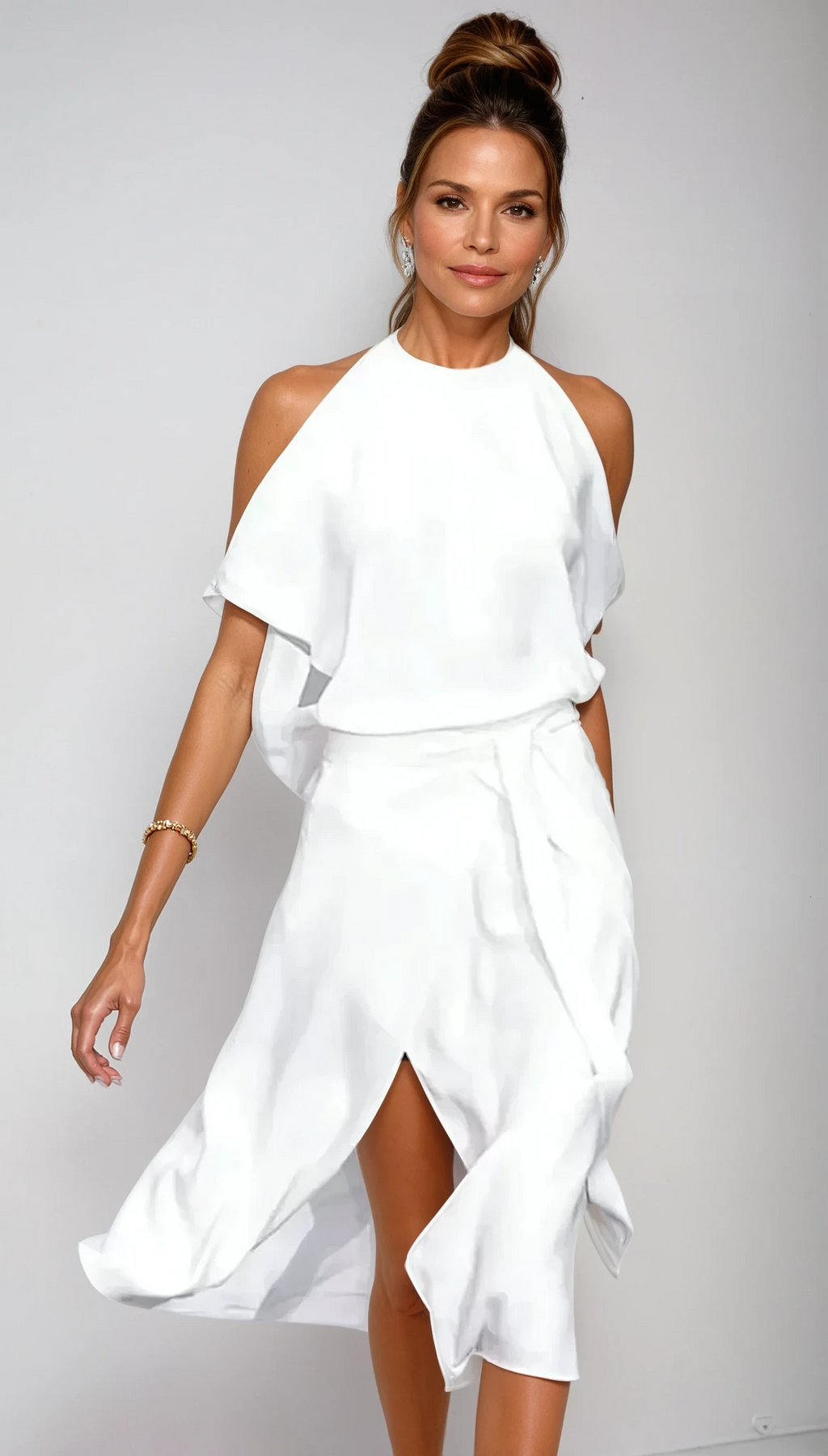 SUENTA Zahara | Damen Asymmetrisches Midikleid – Schulterfreies Design & Fliesser Stoff Weiß