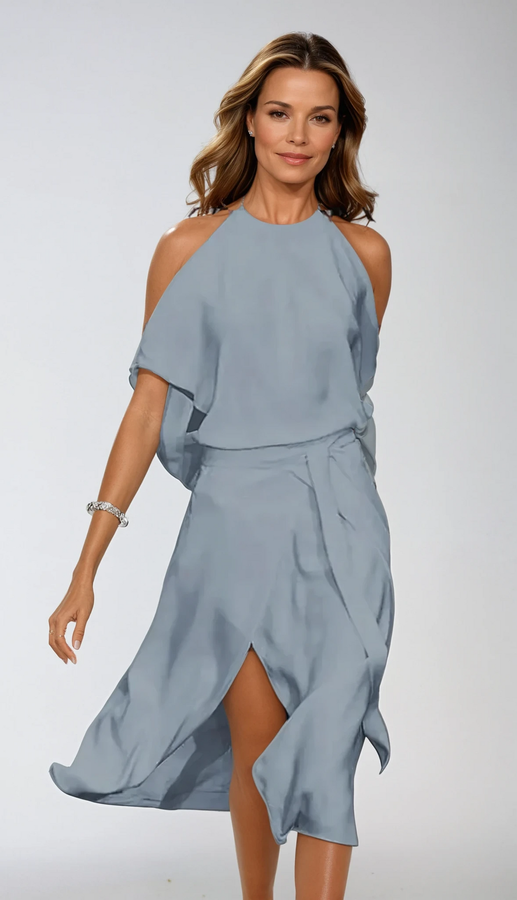 SUENTA Zahara | Damen Asymmetrisches Midikleid – Schulterfreies Design & Fliesser Stoff Grau