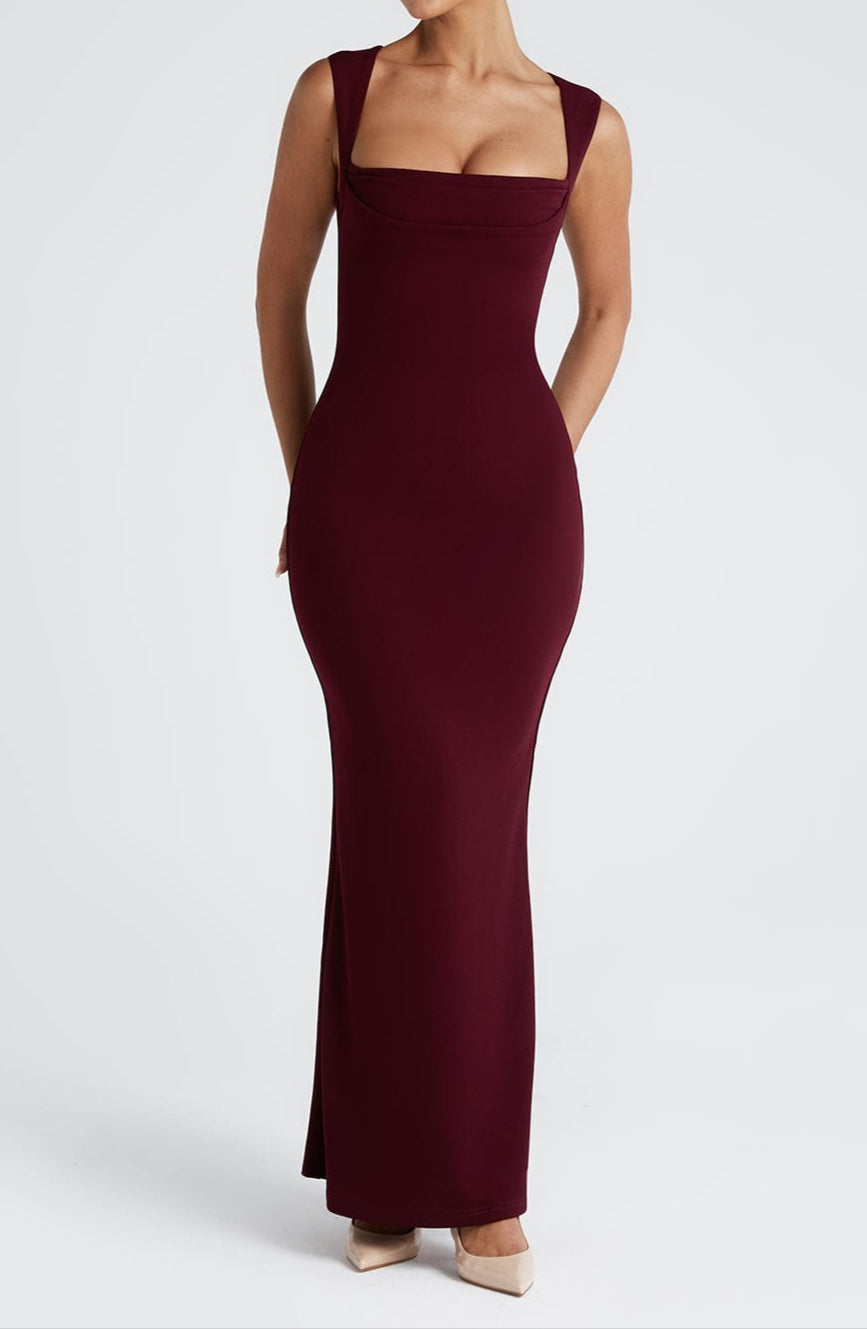 SUENTA Damen Maxikleid Kirschlack mit eckigen Ausschnitt Plissiertes Oberteil