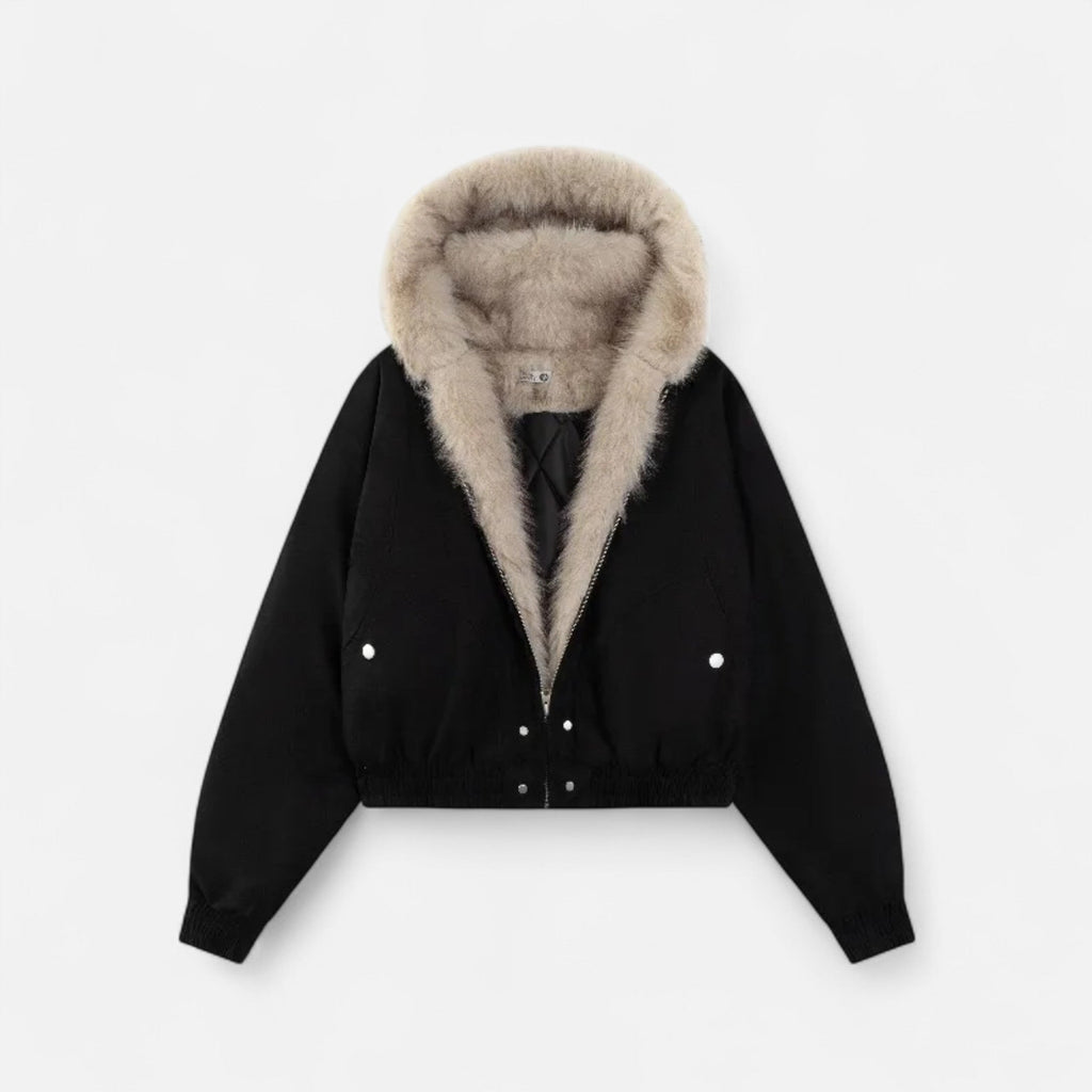 SUENTA Damen Wintermantel Vintage – Pelzkragen & Kapuze Schwarz