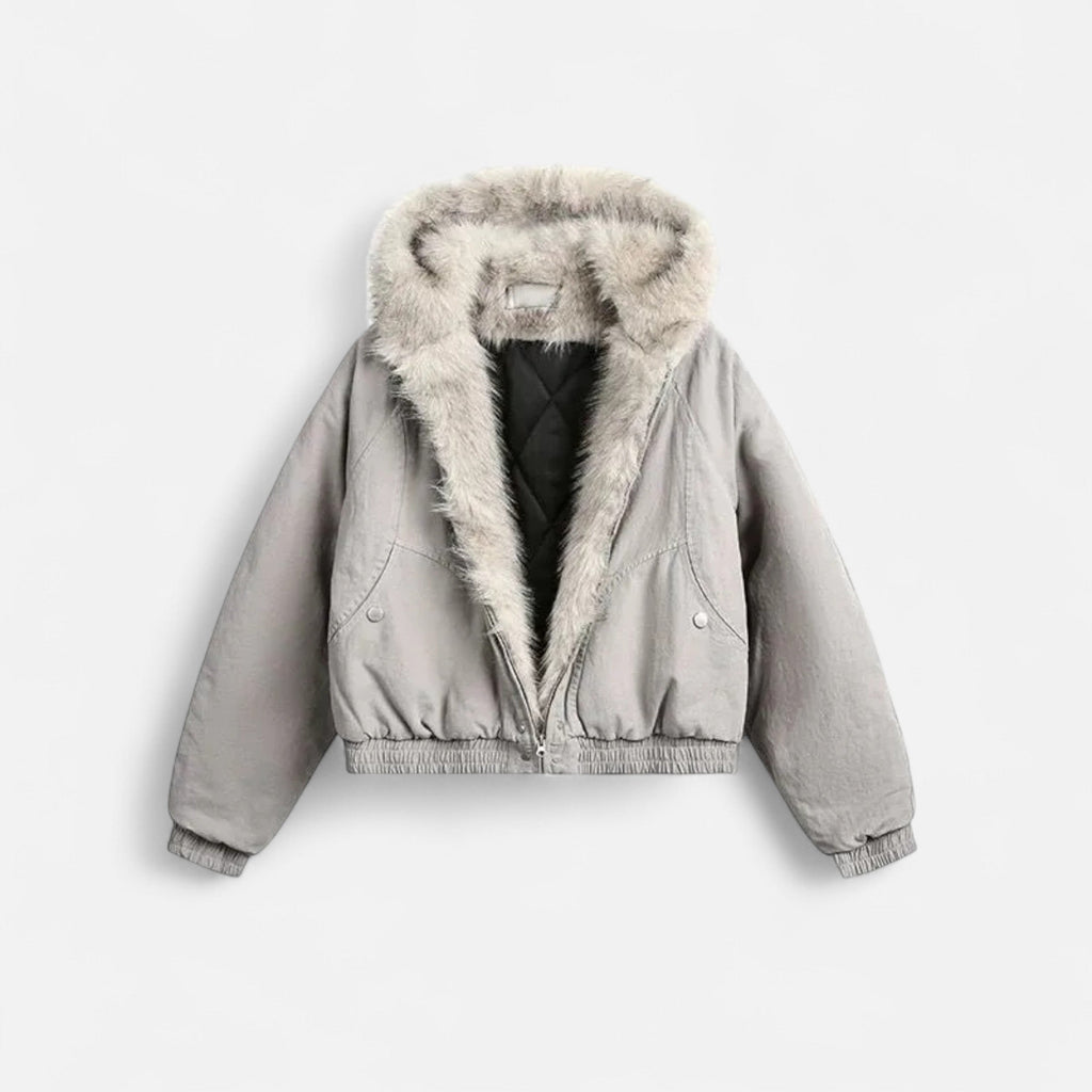 SUENTA Damen Wintermantel Vintage – Pelzkragen & Kapuze Grau
