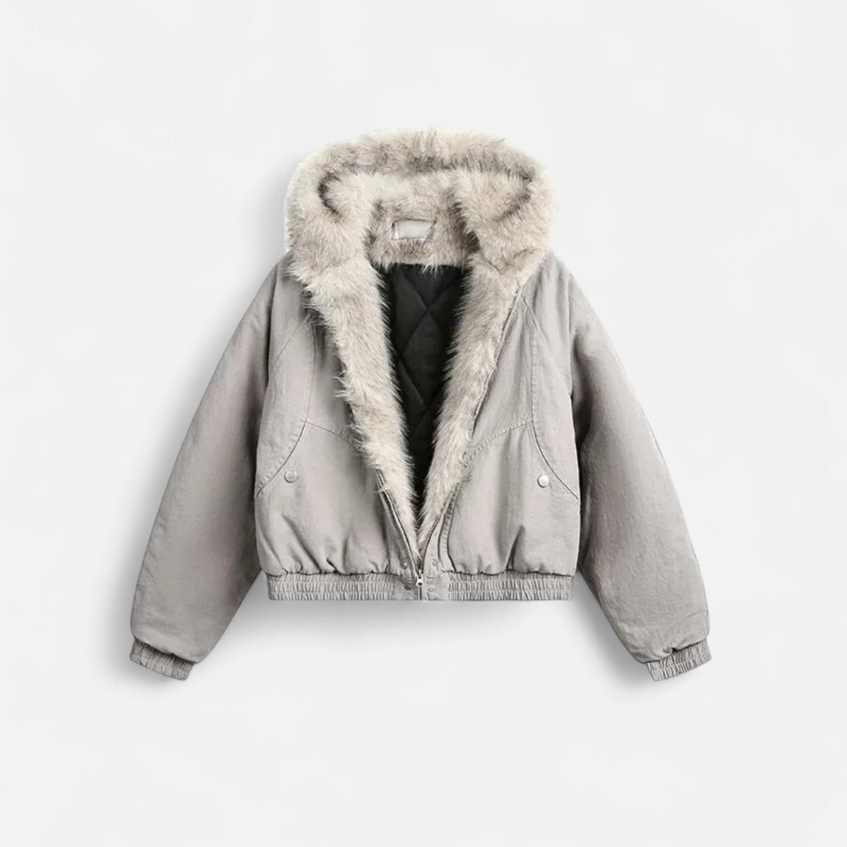 SUENTA Damen Wintermantel Vintage – Pelzkragen & Kapuze Grau