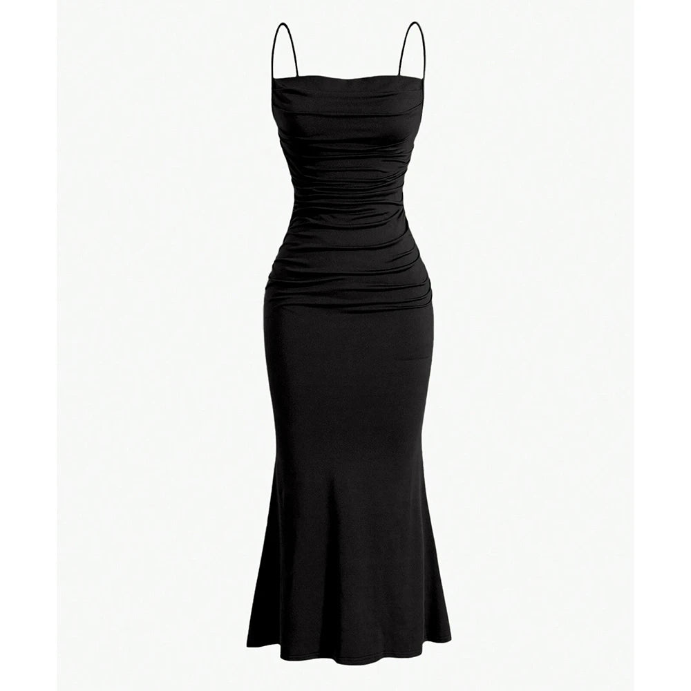 SUENTA Maxikleid – Elegantes Sommer-Outfit mit Spaghettiträgern für Hochzeitsgäste Schwarz