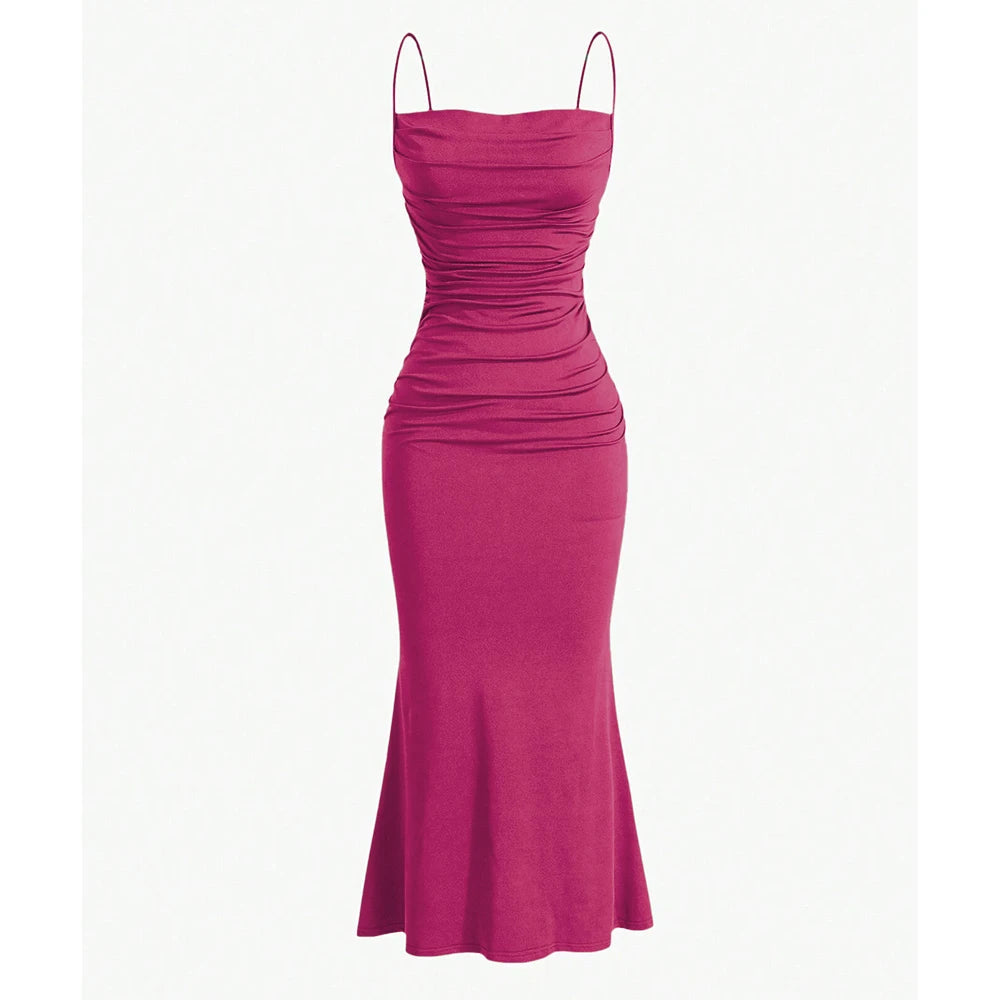 SUENTA Maxikleid – Elegantes Sommer-Outfit mit Spaghettiträgern für Hochzeitsgäste Magenta