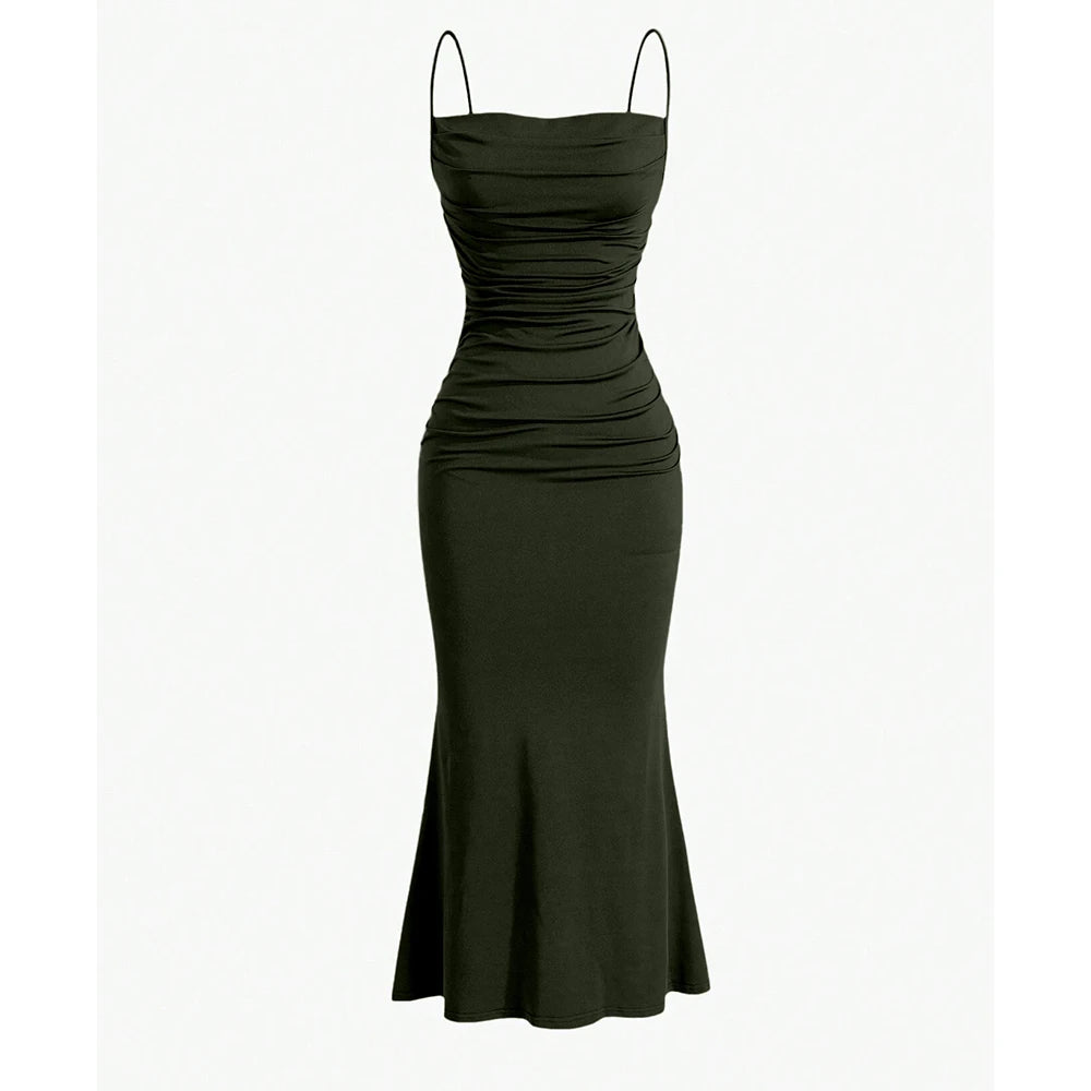 SUENTA Maxikleid – Elegantes Sommer-Outfit mit Spaghettiträgern für Hochzeitsgäste Dunkelgrün