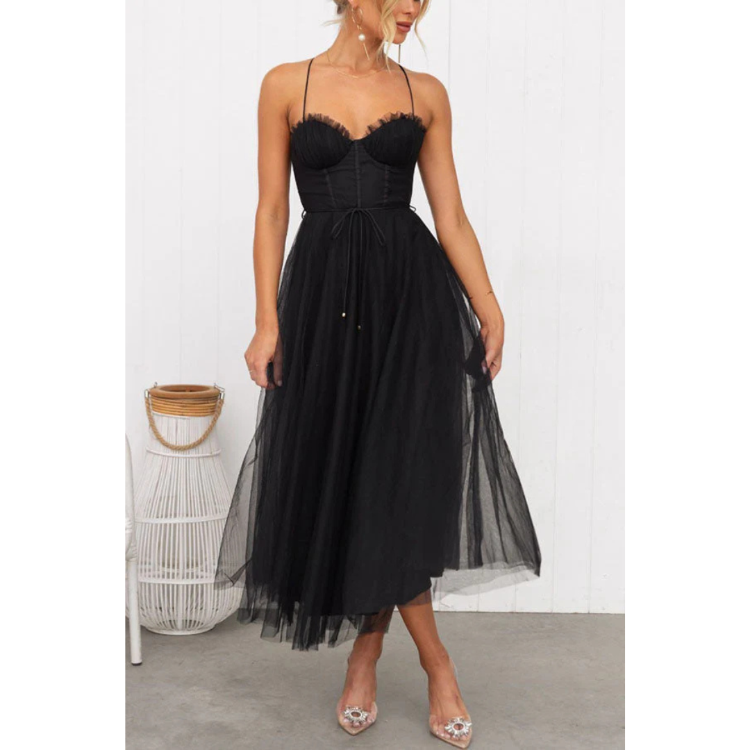 SUENTA Beya | Moderne Spaghettiträgerkleid für Frauen in Maxi-Länge – Ätherischer Seiden-Touch, Architektonische A-Linie & Skandinavische Sommer-Majestät schwarz