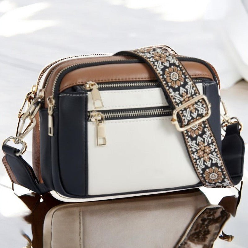 SUENTA Schultertasche Aus Feinem Leder Viel Platz Mehrere Abteile Verstellbare Riemen Beige mit Schwarz und Braun