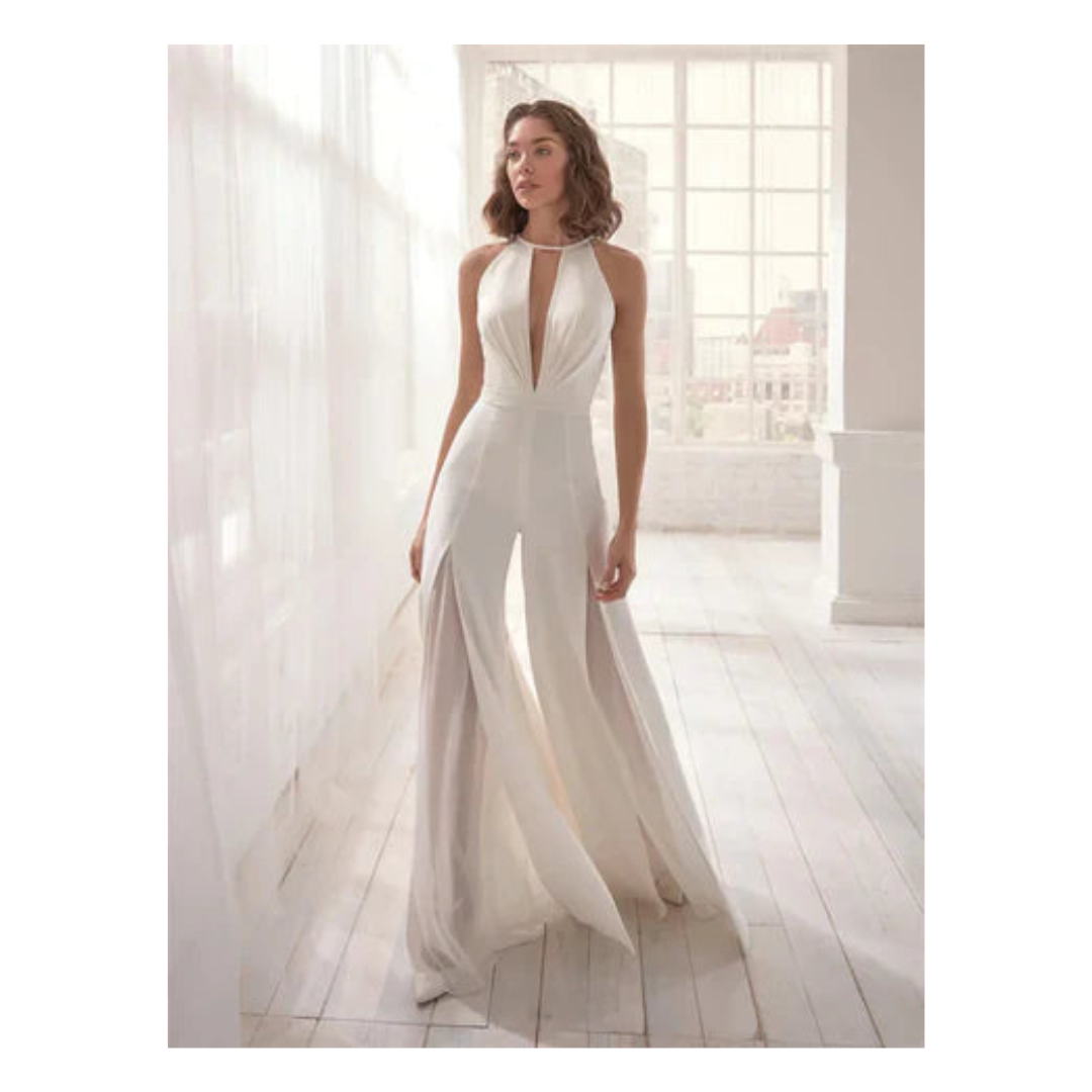 SUENTA Parsha | Damen Jumpsuit – Modernes Olivgrün, Eleganter V-Ausschnitt & Rückenfreier Schnitt Weiß