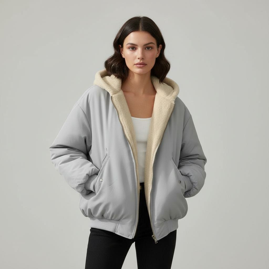 SUENTA Damen Oversized Winterjacke Komfort Warm Lockeren Schnitt Weiche, Warme Stoff Grau