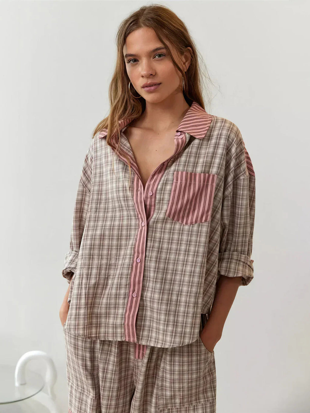 SUENTA Damen Pyjama Zweiteilig Mit Knopfleiste Muster Karo- Und Streifenmuster