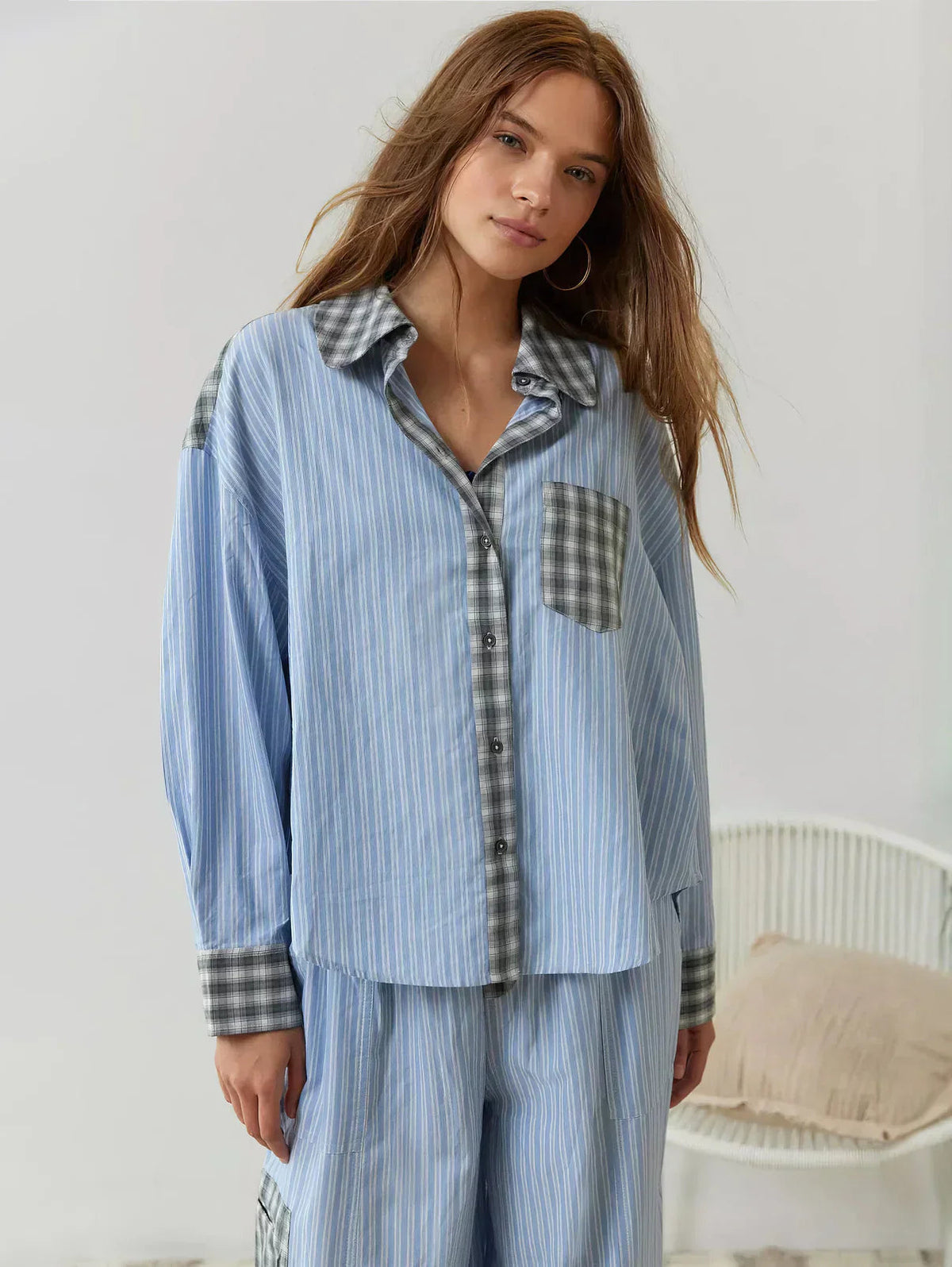 SUENTA Damen Pyjama Zweiteilig Mit Knopfleiste Muster Karo- Und Streifenmuster