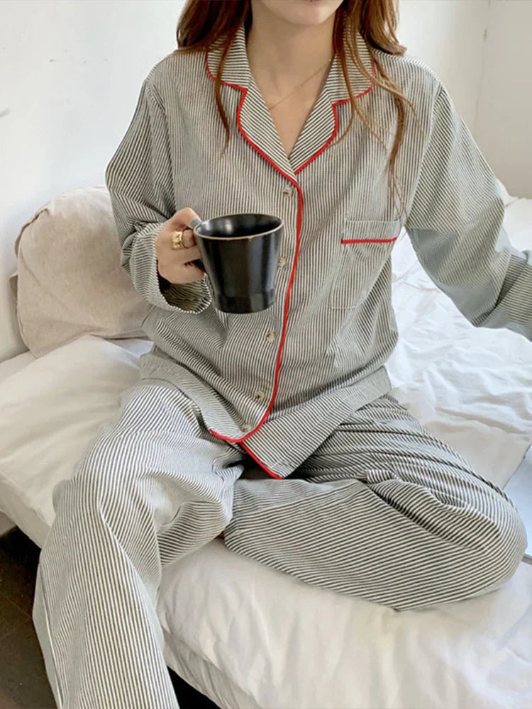 SUENTA Damen Pyjama Zweiteilig Mit Knopfleiste Klassische Streifen