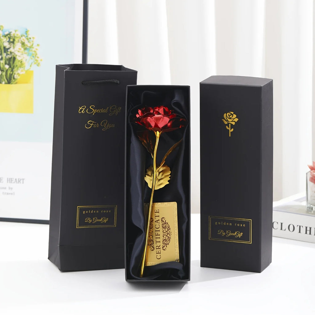 Vergoldete Ewige Rose mit Geschenkbox & Grußkarte – Künstliche Ewige Rose als Deko-Geschenk zum Valentinstag, Muttertag & Jahrestag